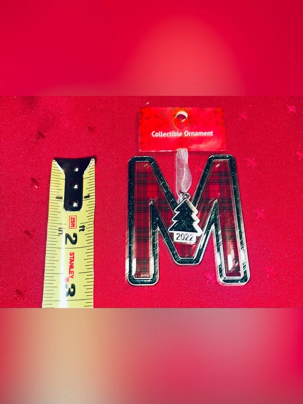 Collectible Red Plaid & Green Glitter Letter M Ornament